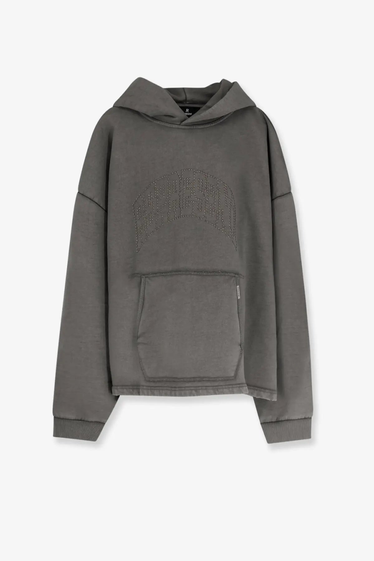 Represent men’s charcoal gray cotton hoodie with subtle arched logo and ribbed cuffs for casual wear