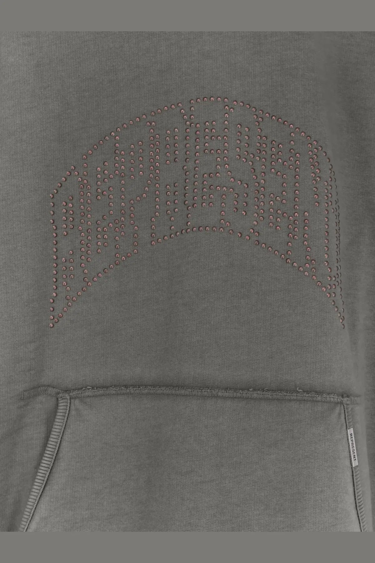Grey cotton sweatshirt featuring pinkish rhinestone arch spelling armani on chest from represent men’s collection