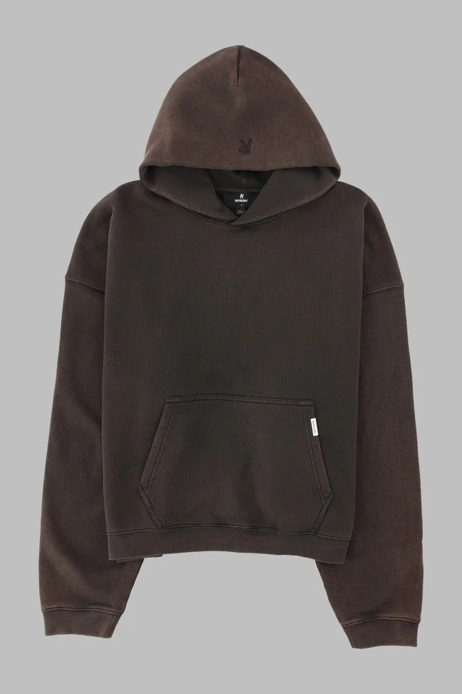 Represent men’s felpa boxy oversized brown hoodie in dark brown with front pocket and subtle hood branding