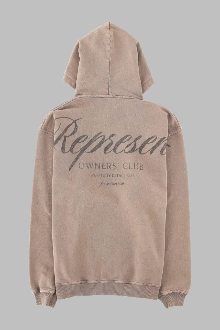 Represent men’s beige hooded sweatshirt with faded cursive representer logo and smaller text on front in grey felpa material