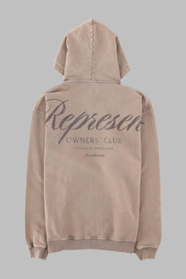 Represent men’s beige hooded sweatshirt with faded cursive representer logo and smaller text on front in grey felpa material