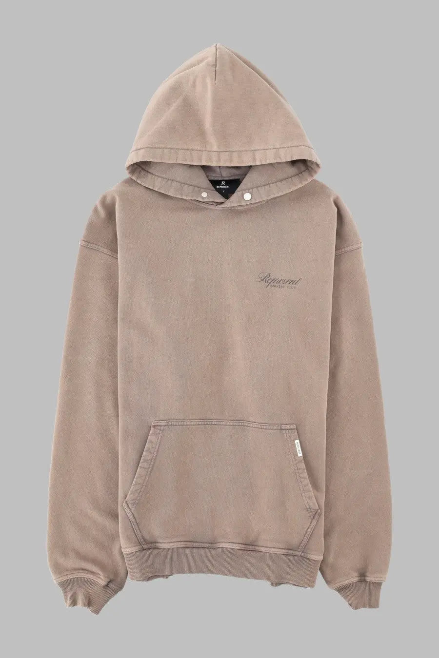 Beige represent men’s felpa con grey hooded sweatshirt with subtle embroidered logo and front kangaroo pocket