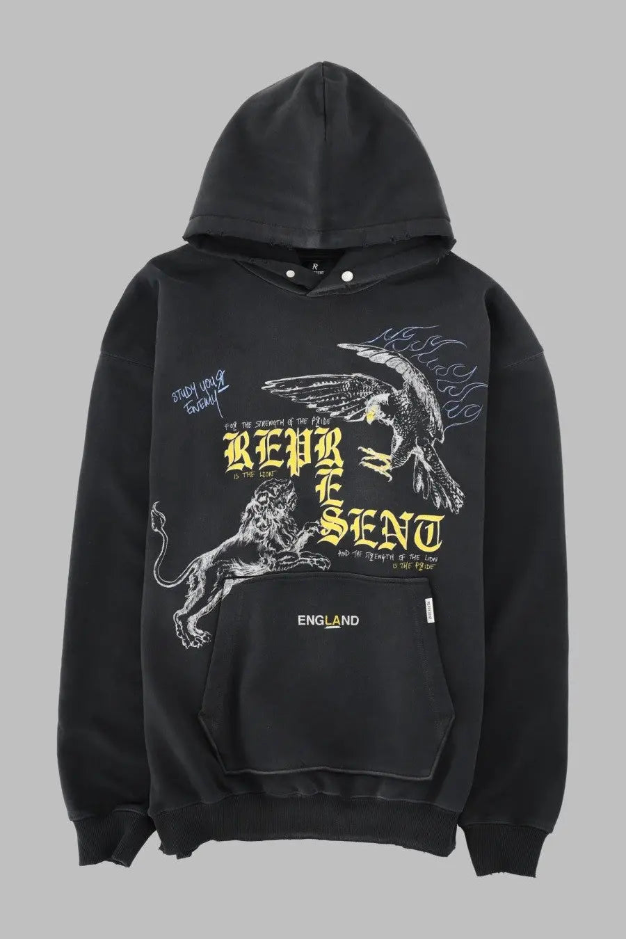 Represent men’s felpa con stampa black hoodie with bold eagle and lion graphic and yellow represent text on chest