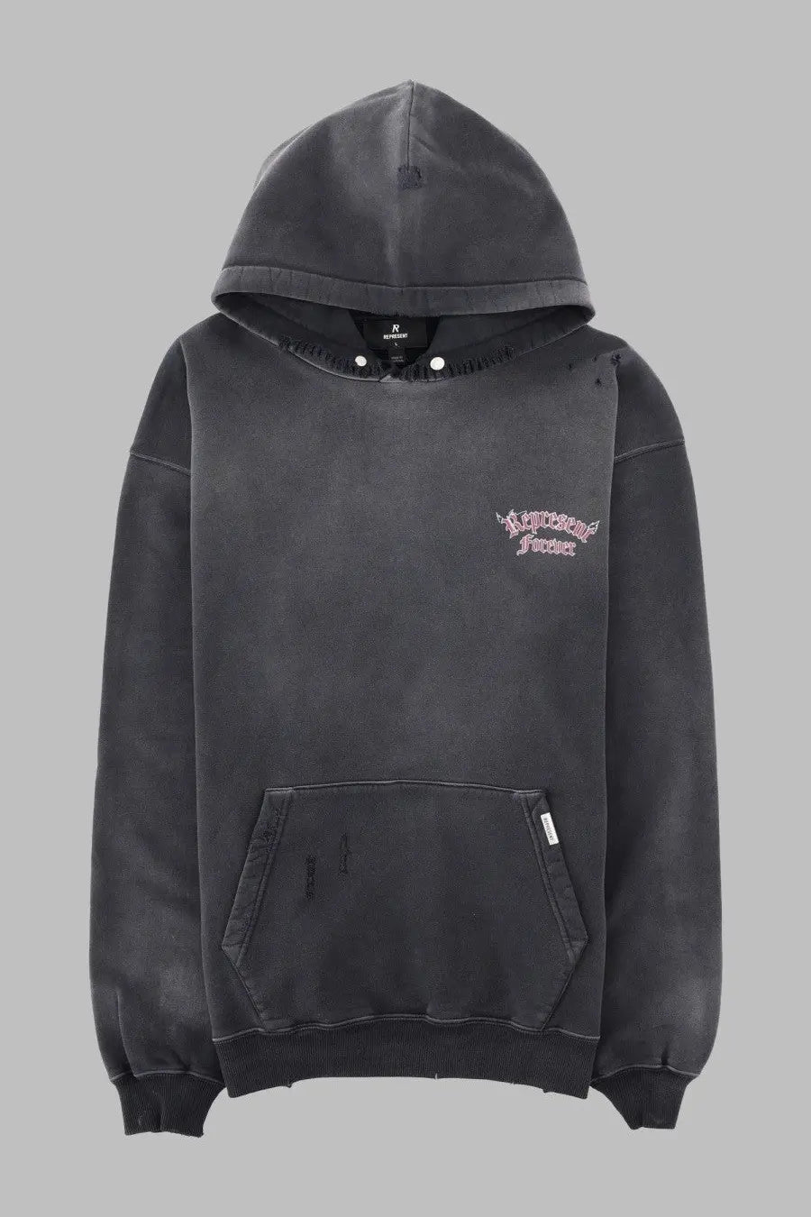 Represent men’s felpa duality con stampa grey black distressed hoodie with faded look and pink embroidered rapscallion text