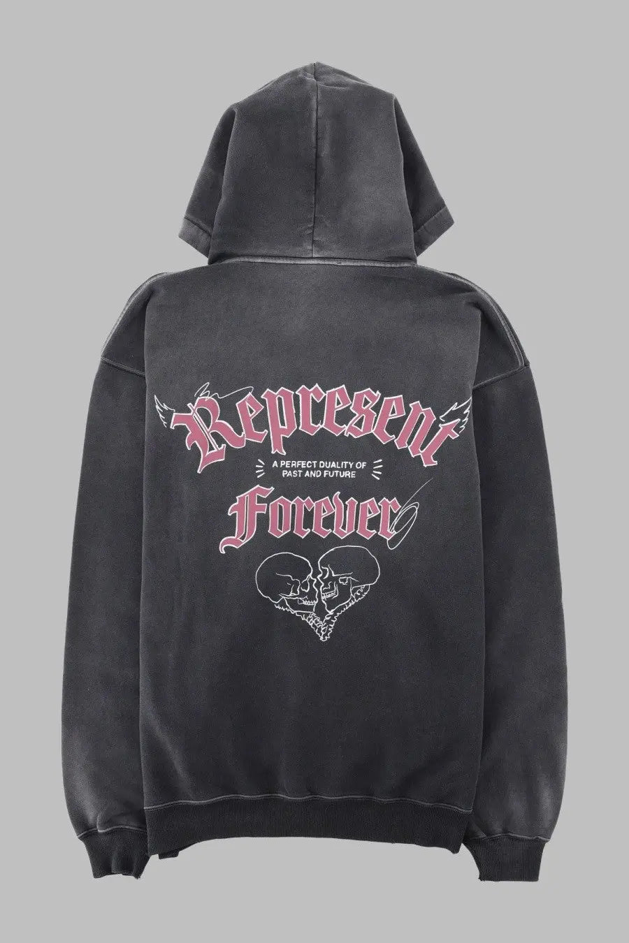 Black hoodie with pink and white represent forever skull graphic designed on front from represent mens felpa duality grey