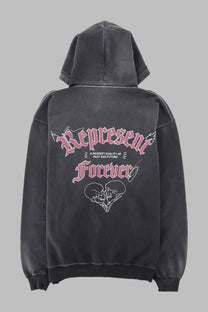 Black hoodie with pink and white represent forever skull graphic designed on front from represent mens felpa duality grey