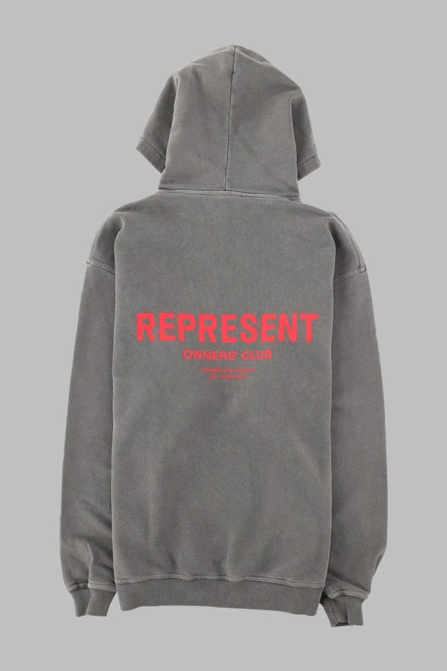 Back of represent men’s felpa track grey hoodie in gray with bold red represent text and smaller owners club print