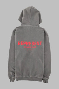 Back of represent men’s felpa track grey hoodie in gray with bold red represent text and smaller owners club print