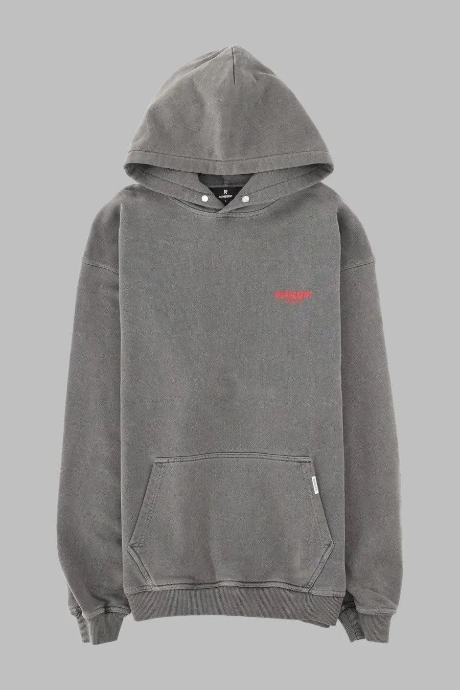 Represent men’s felpa track grey hoodie in gray with white drawstrings and red embroidered chest logo