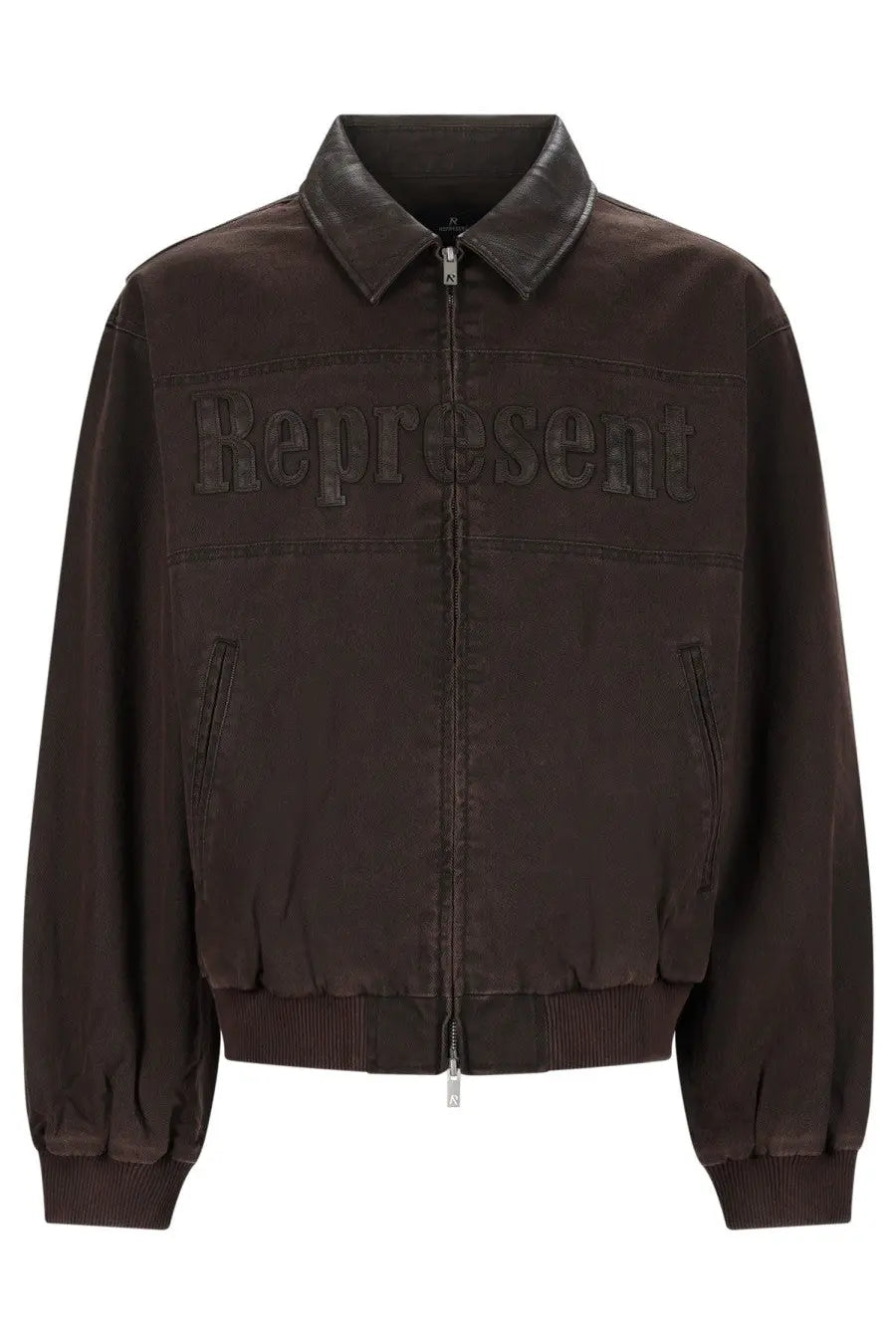 Represent men’s giacca bomber trucker brown dark brown jacket with black leather collar and embroidered represent logo