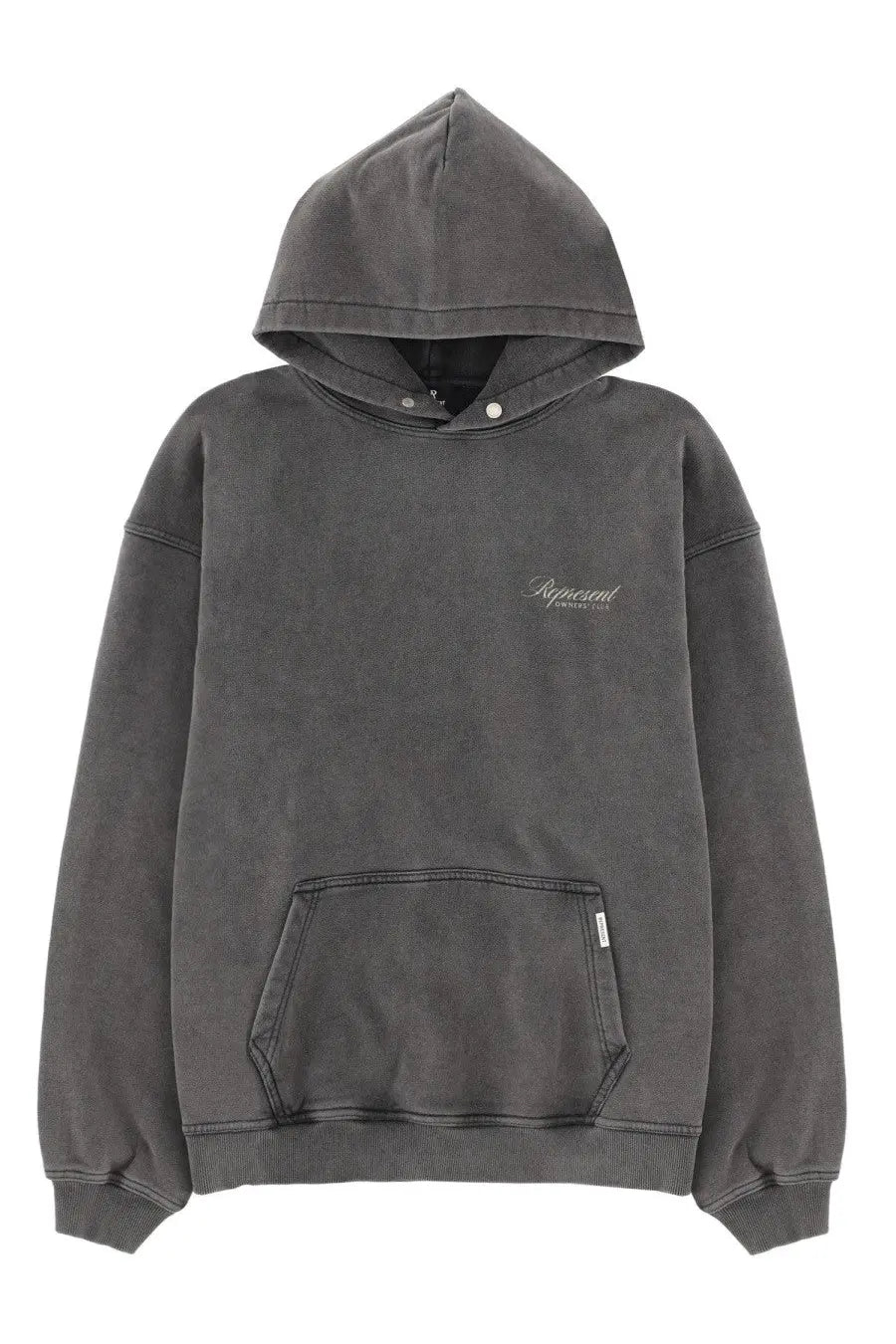 Represent men’s hoodie grey dark gray faded cotton with subtle embroidered logo and buttoned hood on the front side