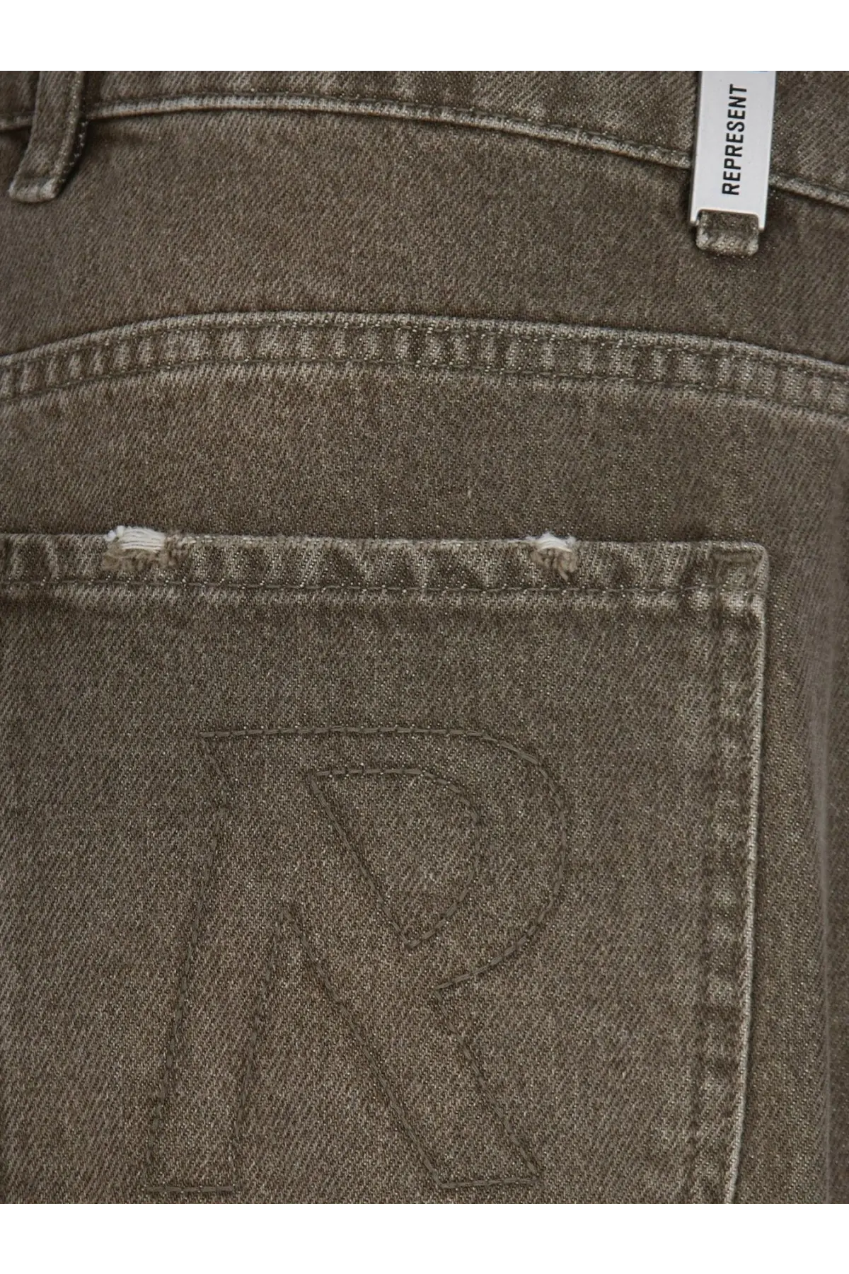 Back side of dark gray denim represent men’s jeans with subtle embroidered r on pocket and white represent brand tag