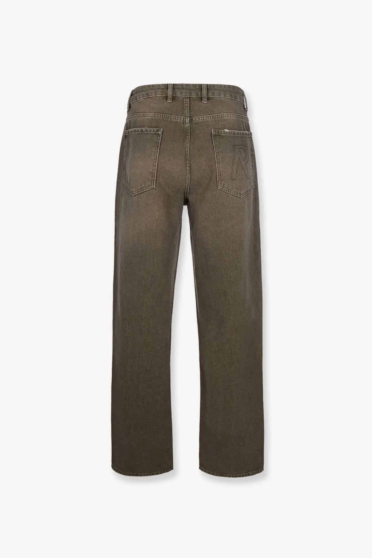 Back side of olive green wide-leg denim jeans with subtle embossed logo on the right back pocket represent men’s jeans green