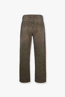 Back side of olive green wide-leg denim jeans with subtle embossed logo on the right back pocket represent men’s jeans green