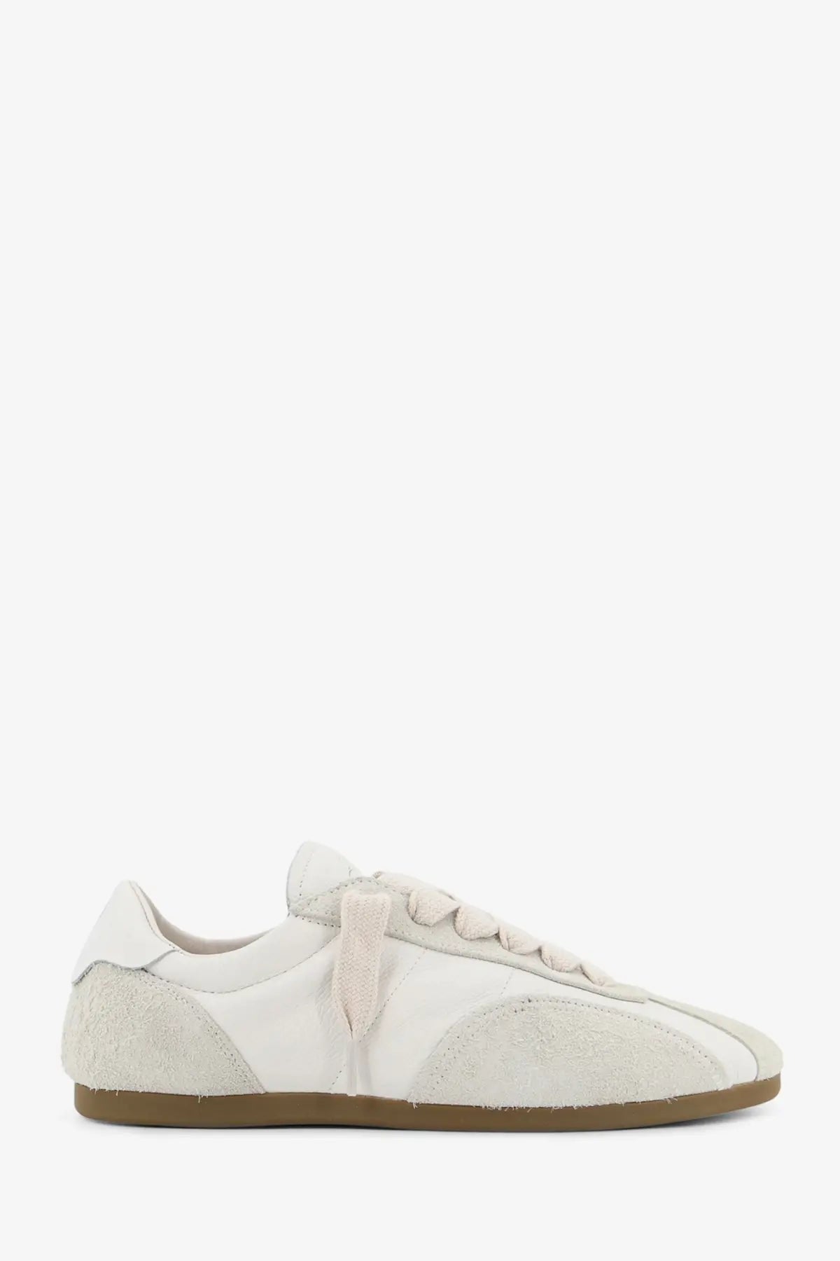 White lace-up sneaker with suede and canvas upper featuring subtle texture details on toe cap and heel counter