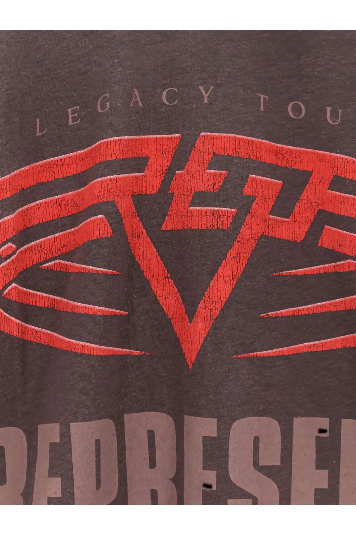 Dark gray represent men’s t-shirt with bold red and black legacy tour graphic made from organic cotton and hemp