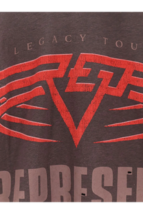 Dark gray represent men’s t-shirt with bold red and black legacy tour graphic made from organic cotton and hemp