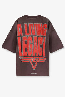 Dark brown oversized tee with bold red a living legacy graphic and stylized logo, organic cotton hemp shirt by represent men