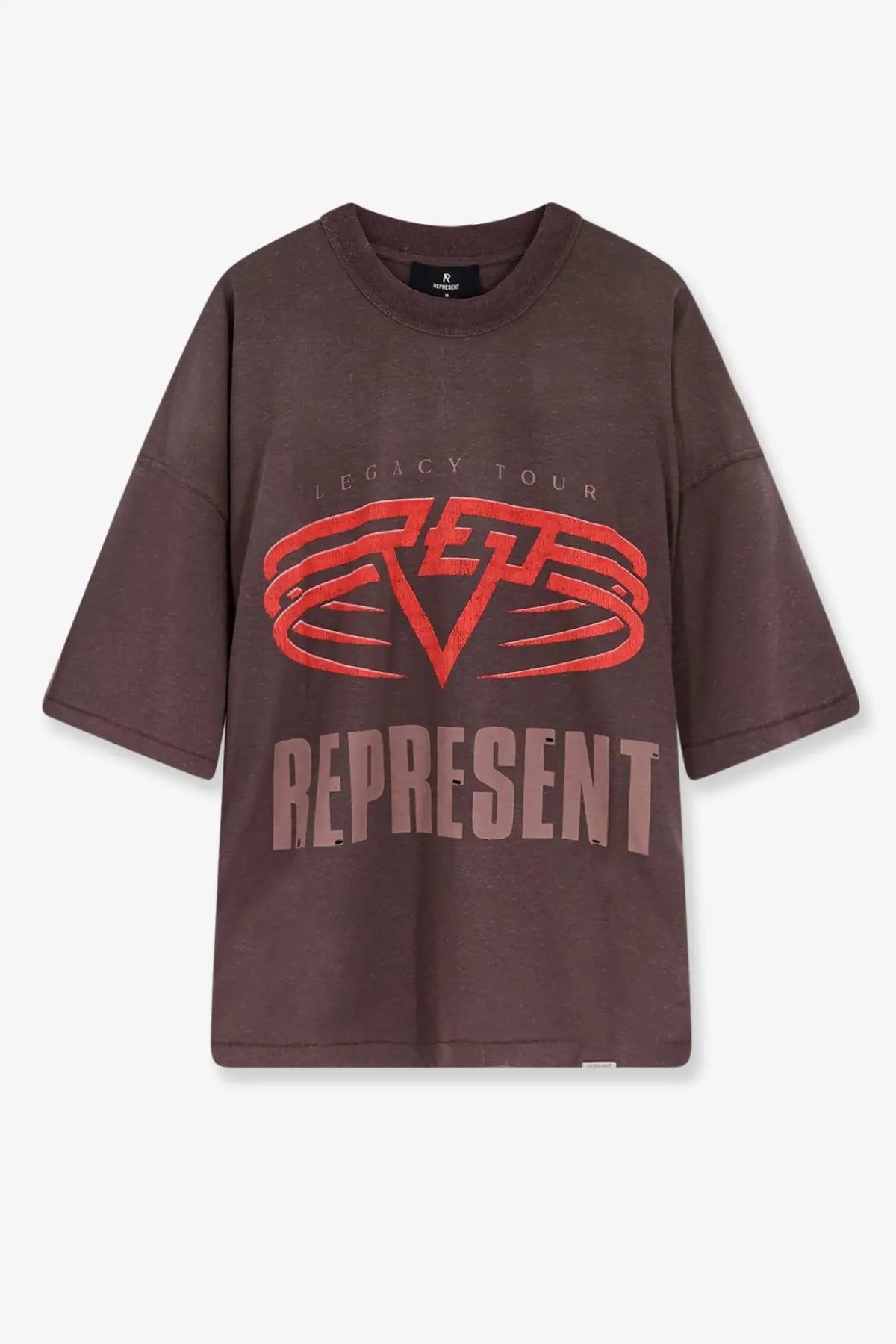 Brown oversized represent men’s living legacy reversible organic cotton and hemp t shirt with legacy tour graphic