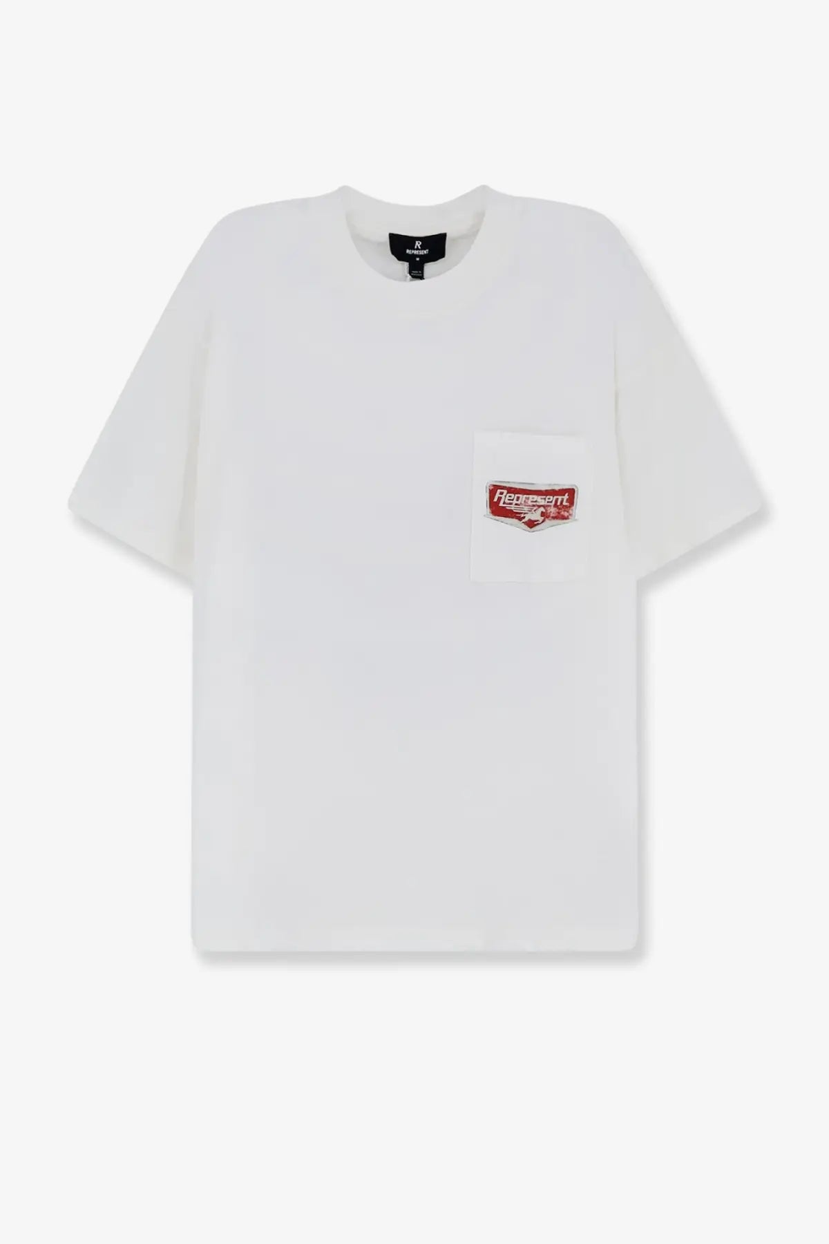 Represent men’s nothing faster cotton shirt white featuring a white cotton t-shirt with red and white embroidered patch