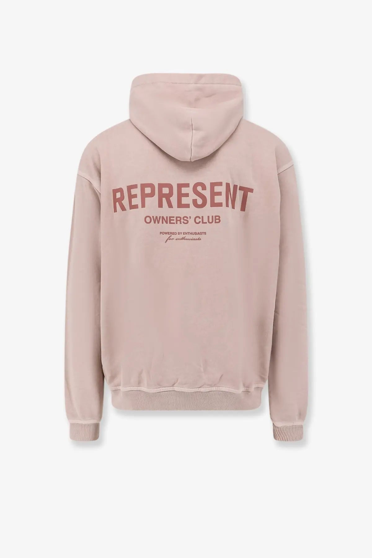 Back of a soft blush pink cotton hoodie with bold muted red represent owners club graphic for men by represent
