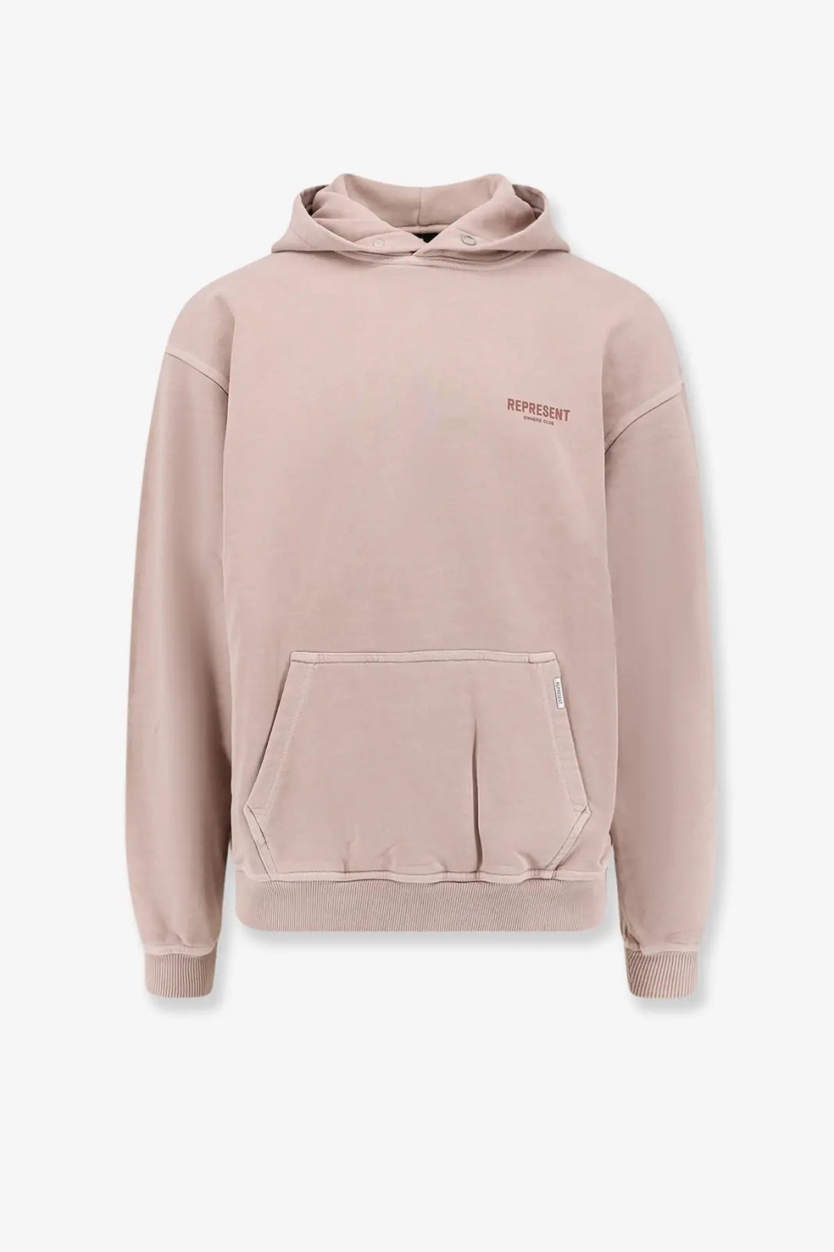 Represent men’s owners club cotton hoodie grey with soft blush pink fabric subtle represent logo and ribbed cuffs