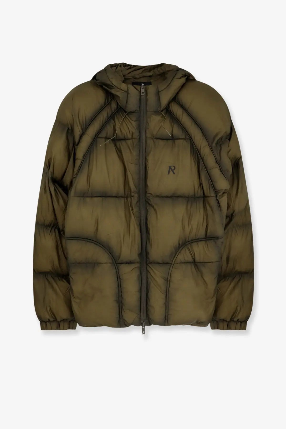 Represent men’s olive green padded and quilted down jacket with hood and subtle chest branding in puffer style