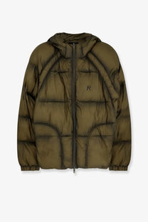Represent men’s olive green padded and quilted down jacket with hood and subtle chest branding in puffer style