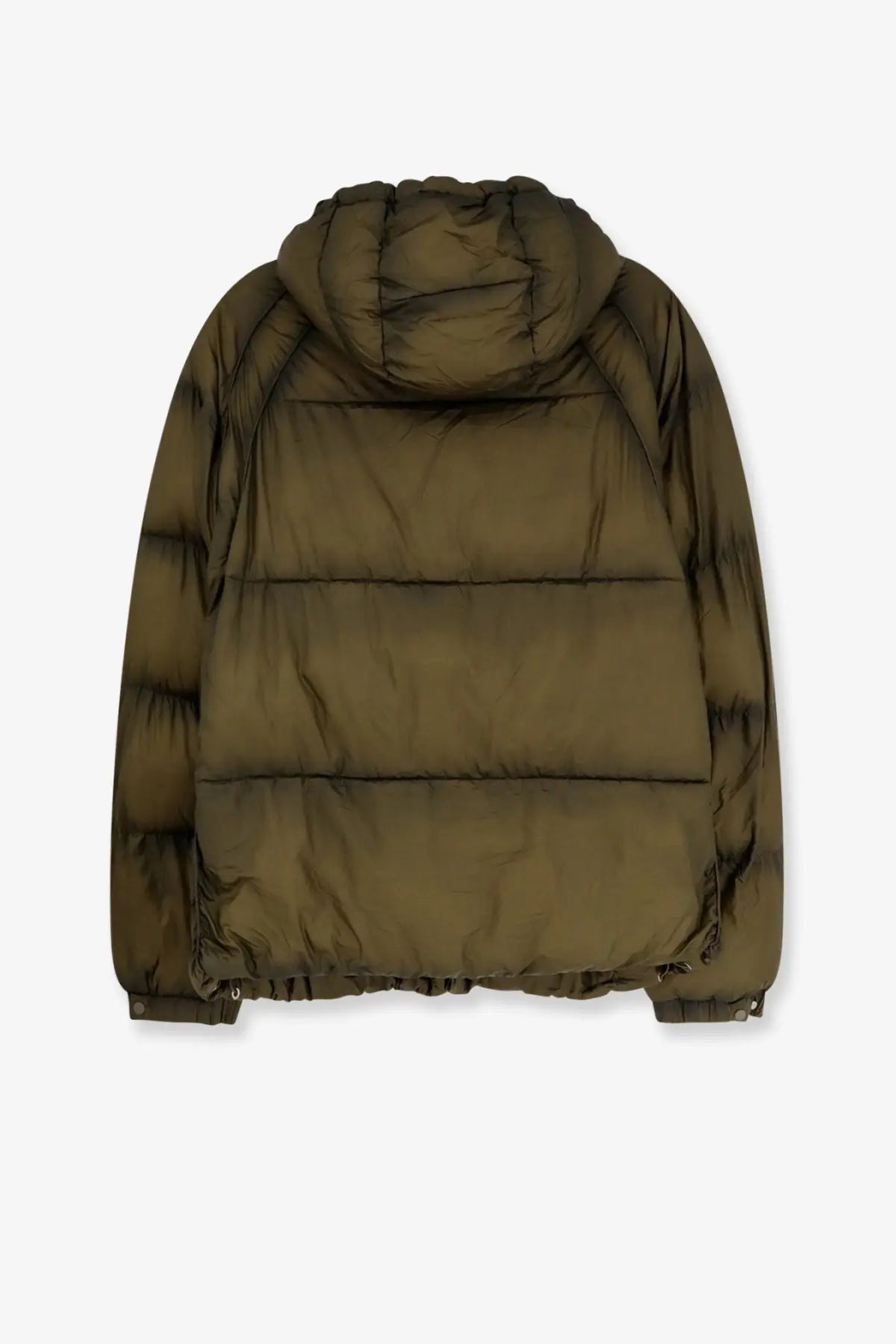 Olive green represent men’s padded and quilted down jacket with hood and horizontal stitching displayed from the back