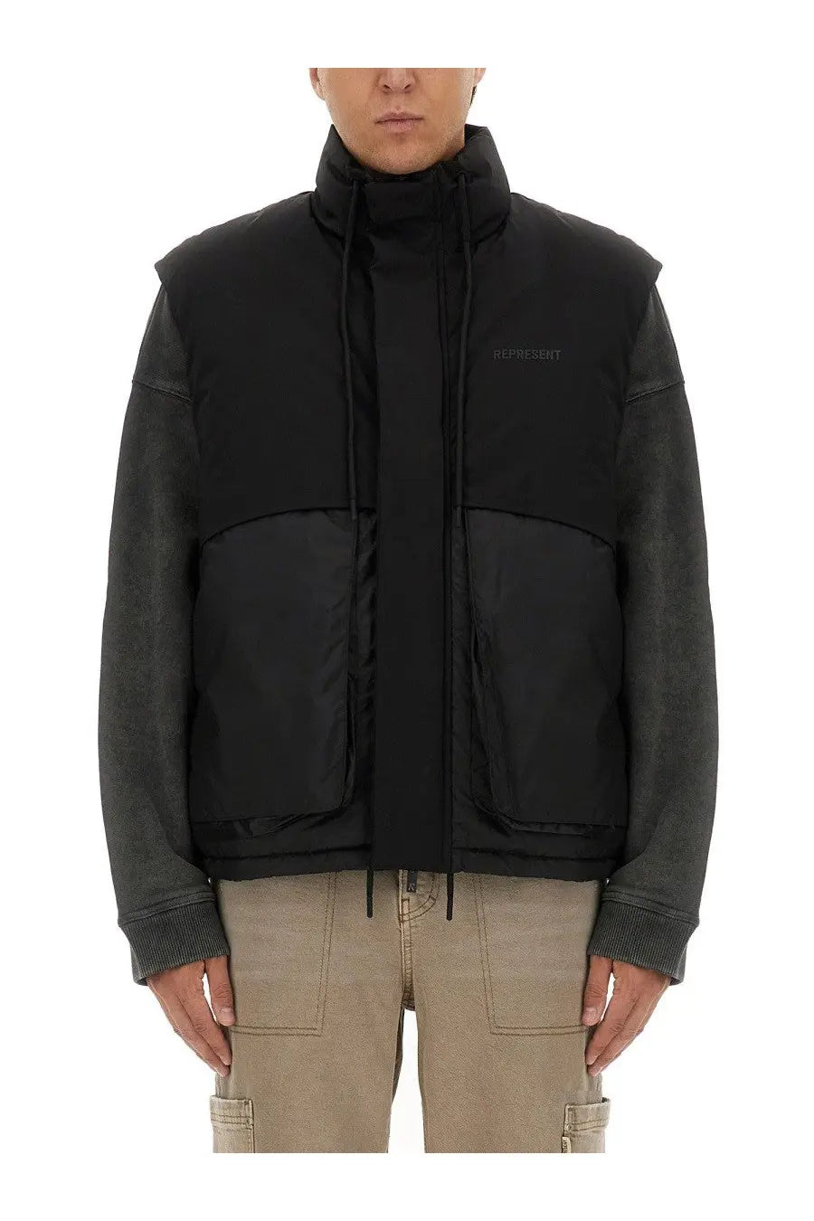 Represent men’s padded vest black with contrasting dark gray leather sleeves and subtle embroidered logo on chest