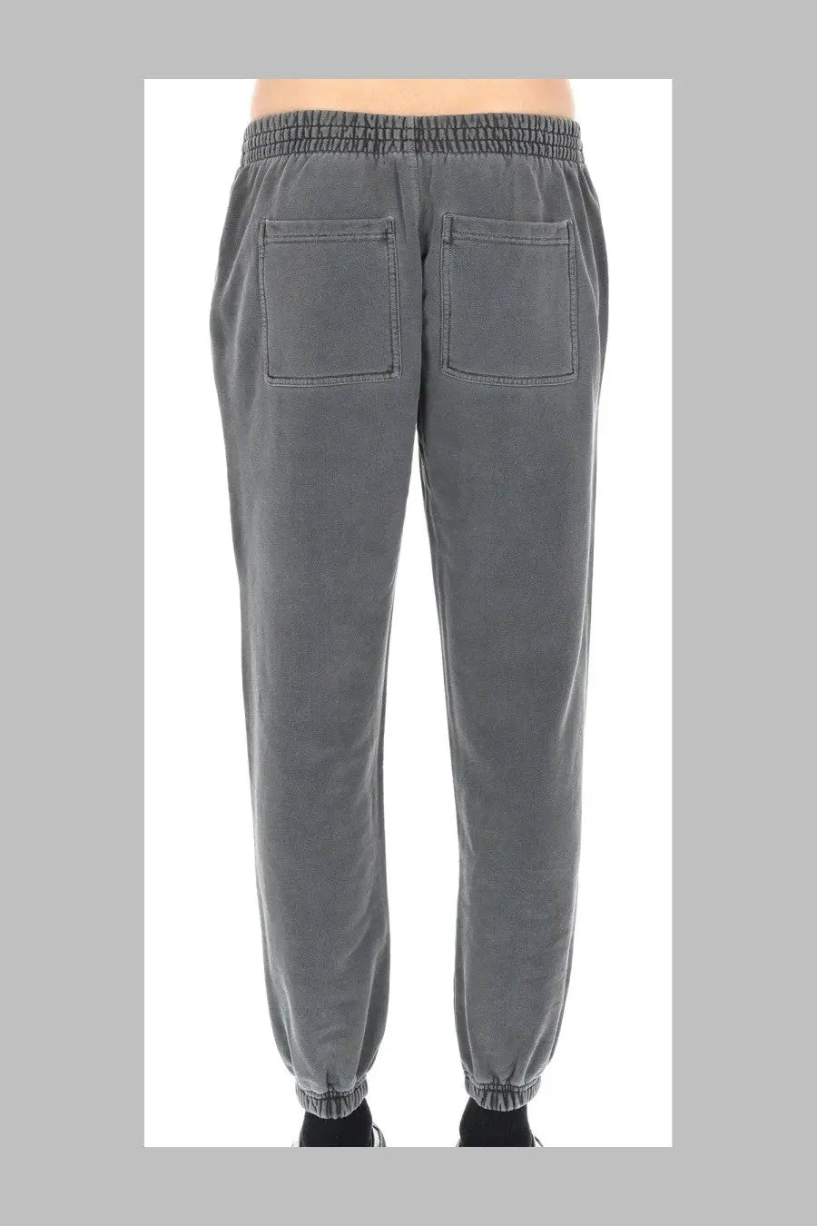Back view of represent men’s pantalone track grey sweatpants with elastic waistband cuffs and two back pockets
