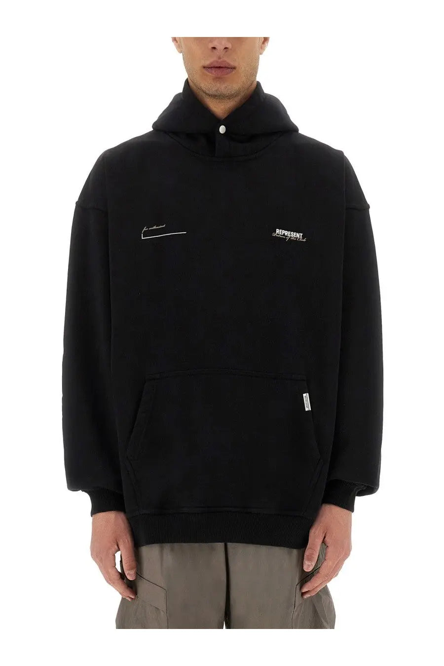 Black hooded sweatshirt with white embroidered logo and signature on chest front pocket and ribbed cuffs by Represent