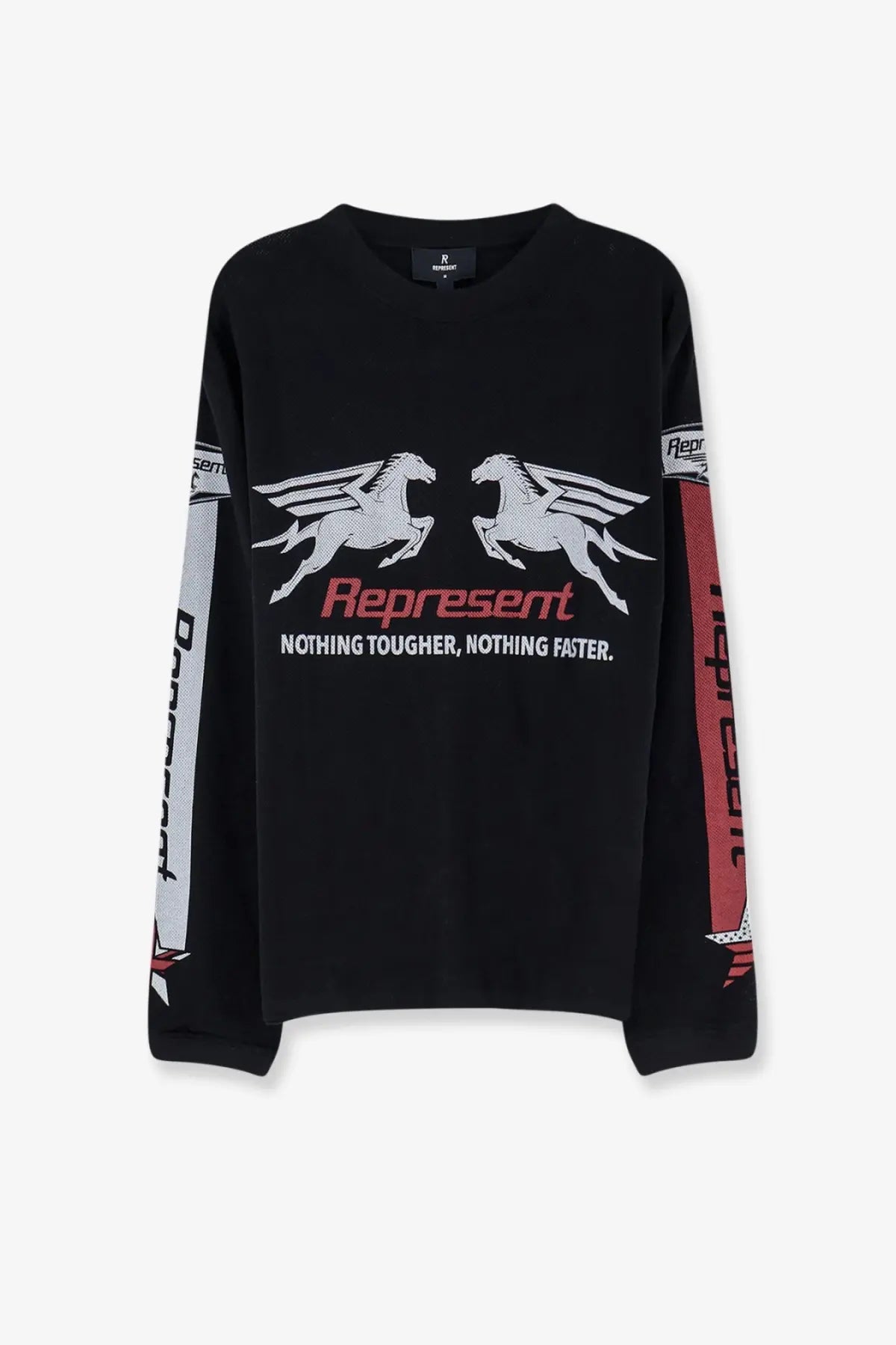 Represent men’s pegasus cotton shirt black long-sleeved crewneck tee with white and red winged horses graphic print