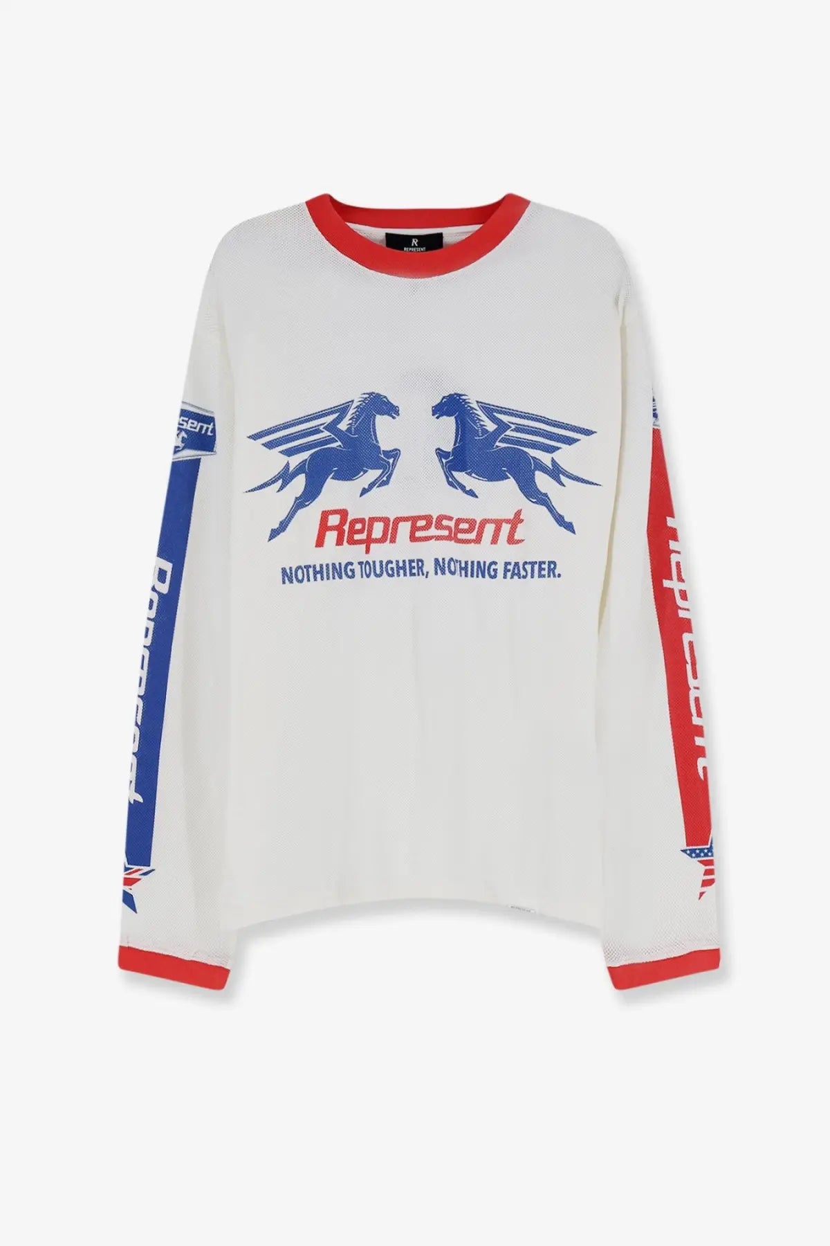 Represent men’s white cotton long-sleeve shirt with red blue winged horses graphic and vertical sleeve branding