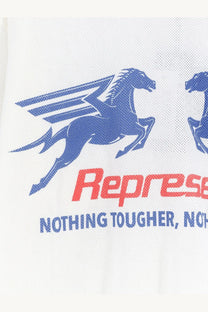 White cotton polo shirt featuring a bold blue winged horse graphic and red represent text with slogan below