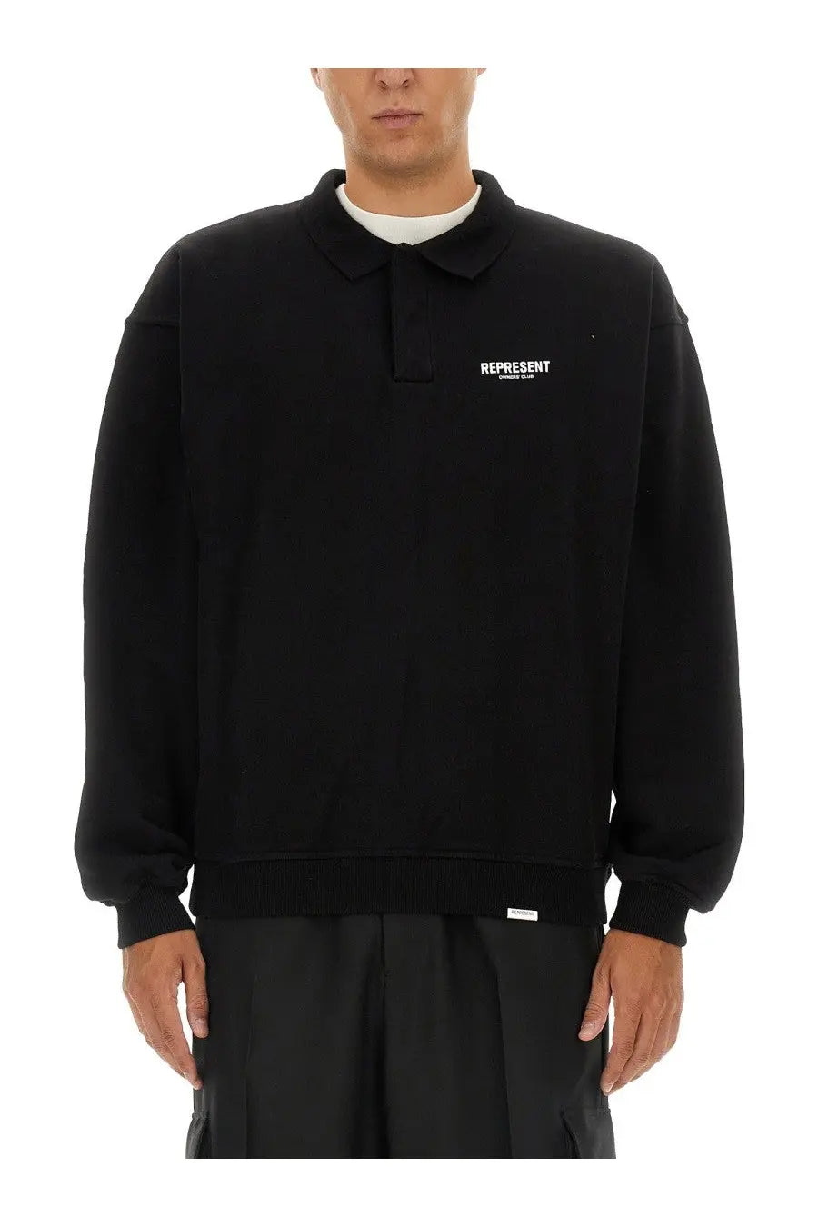Black long-sleeved polo-style sweatshirt with white represent logo embroidered on the chest for men