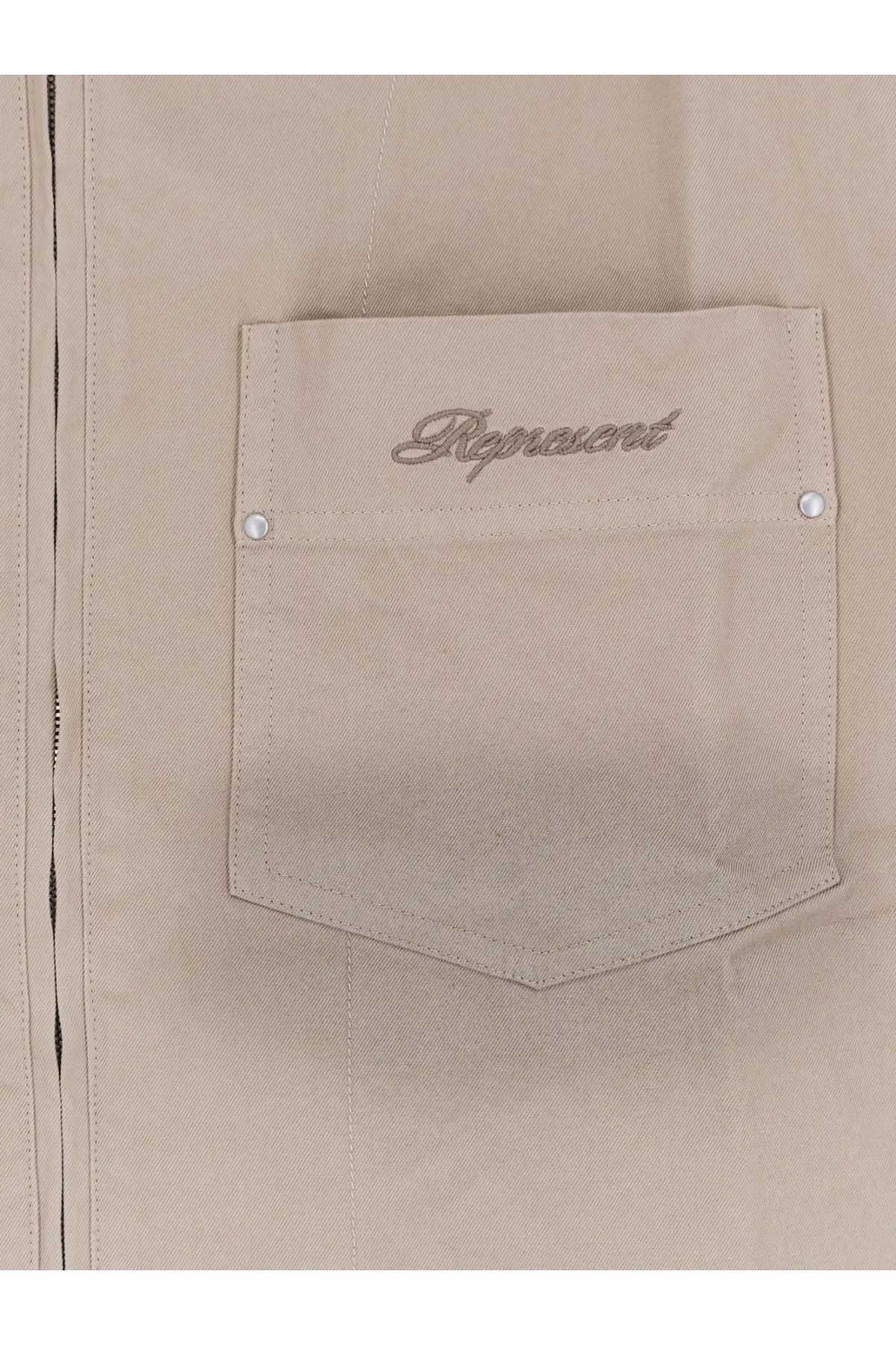 Beige denim jacket pocket with represent embroidered in silver on represent men’s ramona cotton shirt green