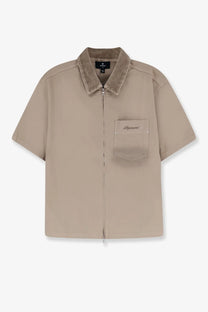 Beige short-sleeved zip-front cotton shirt with corduroy collar and chest pocket logo by Represent Men