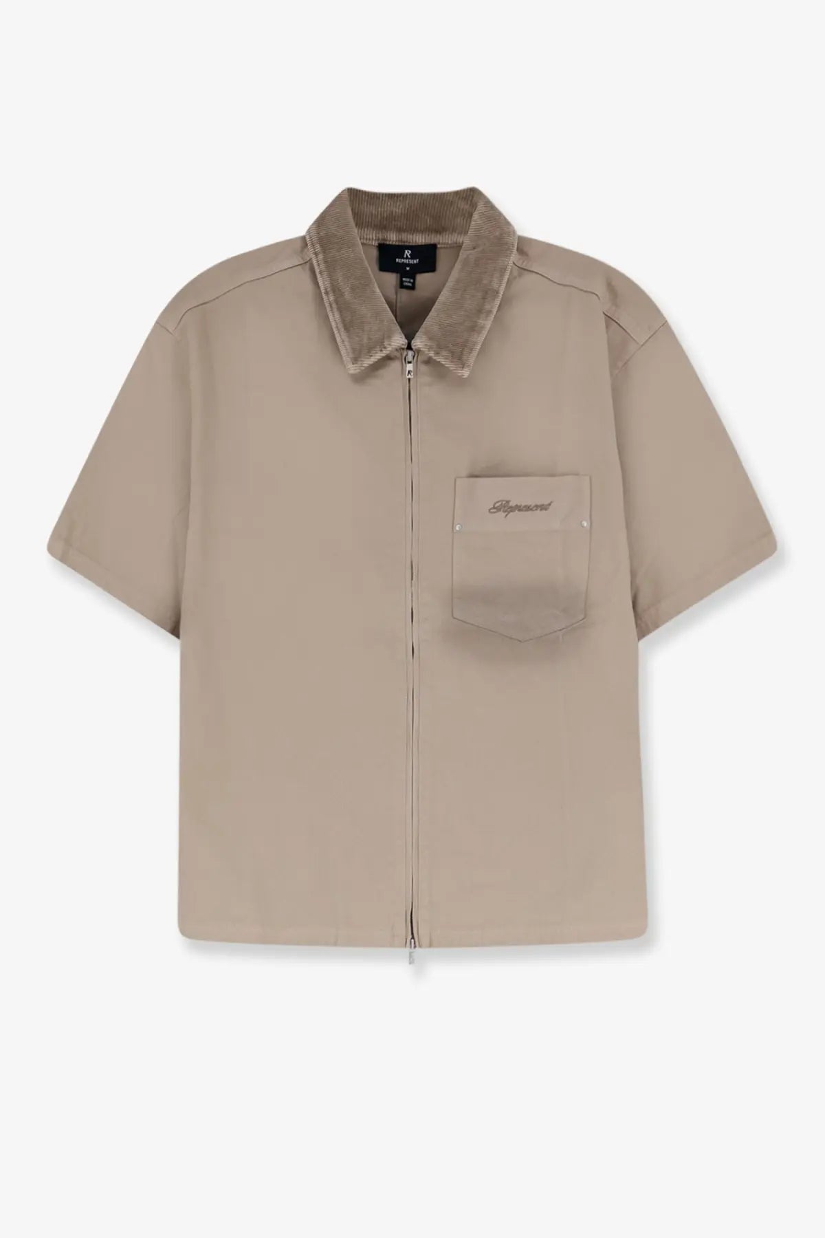 Represent men’s ramona cotton shirt in beige with short sleeves, zip front, corduroy collar, and chest pocket logo