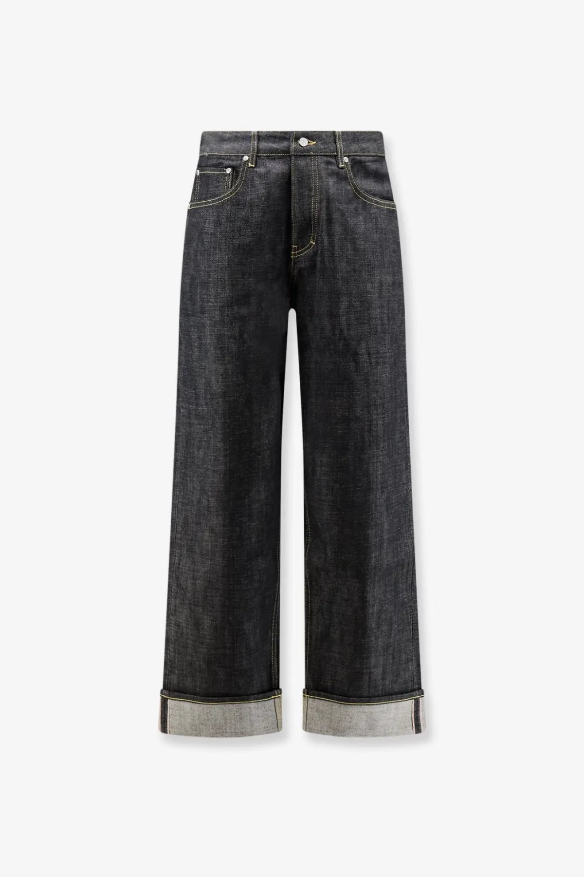 Dark-wash straight-leg denim jeans with rolled cuffs revealing lighter fabric paired with represent men’s selvedge denim shirt black