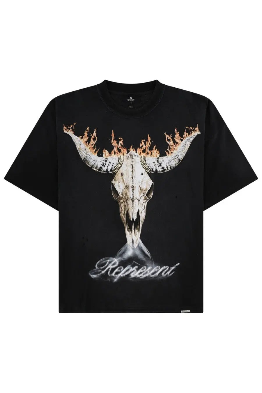 Represent men’s black cotton short-sleeved t-shirt with a skull graphic featuring flaming horns and represent lettering