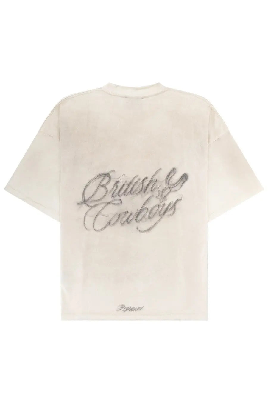 Cream-colored oversized represent men’s t-shirt with british cowboys embroidered in silver thread on the back