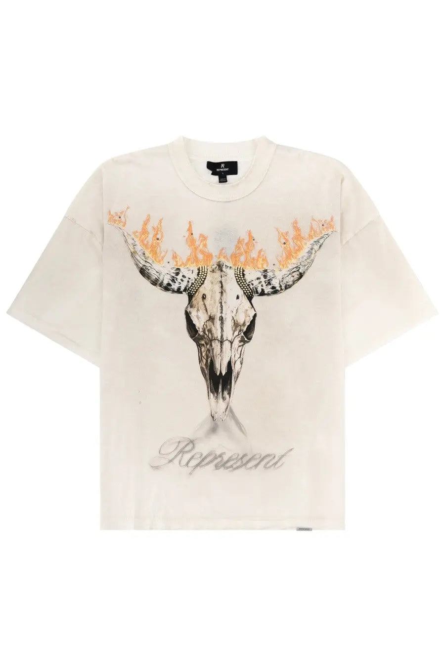 Off-white short-sleeved cotton shirt with black and orange flaming bull skull graphic and represent text below