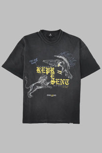 Represent men’s black oversized t-shirt with faded eagle and lion graphic and bold yellow represent england text