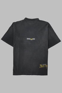 Back view of represent men’s black short-sleeved cotton shirt with england text printed in white and yellow
