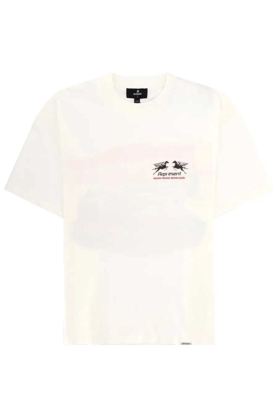 Off-white men’s short-sleeved shirt with black and red winged graphic and represent lettering on chest