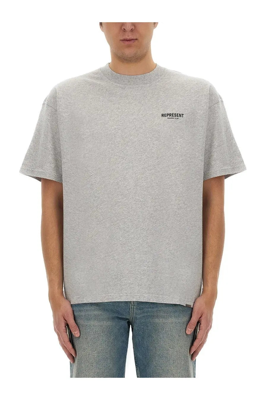 Represent men’s gray heathered cotton t-shirt with a small black represent logo on the left chest
