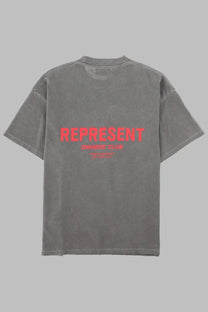 Back of represent men’s shirt owners club con grey oversized t-shirt with bold red represent text on gray cotton fabric