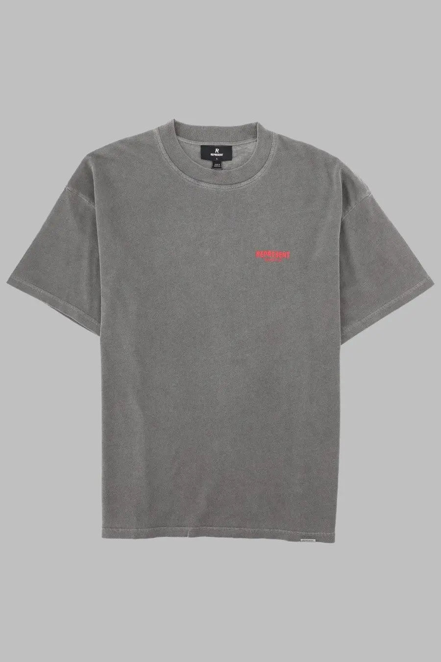 Gray oversized cotton t-shirt with small red embroidered logo on left chest from represent men’s owners club con grey