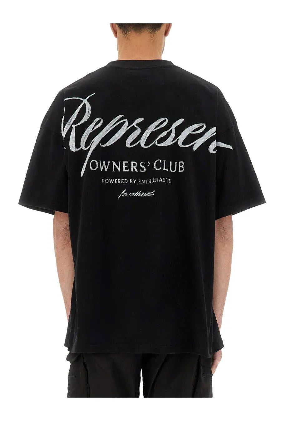Black oversized cotton t shirt with white represen owners club script for men by represent